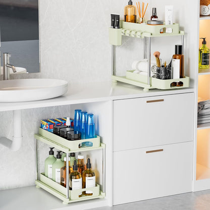 VERIFOST 2 Pack Under Sink Organizers and Storage, Double Sliding Kitchen Cabinet Organizer, 2 Tier Height Adjustable Countertop Organizer for Kitchen Bathroom Laundry, White
