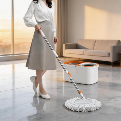 Spin Mop Bucket with Wringer System Extended Mop Handle 61＂Mop and Bucket for Floors Cleaning with 5 Replacement Head Refill 1 Cleaning Brush Head