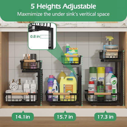 ADRIMER Under Sink Organizer 2 Packs, Pull Out Kitchen Sink Organizer, 2 Tier Slide Out Kitchen Organizers and Storage Bathroom Under Cabinet Storage Shelf, Transparent & White