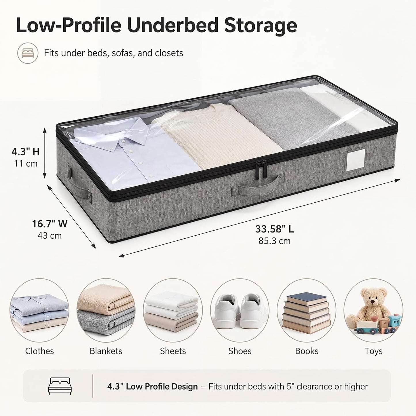 Fixwal Under Bed Storage Containers 4 Pack, Reinforced Underbed Organizer Below 4.5 Inches Low Profile Clothes Storage Bins with Sturdy Sidewalls and Bottom
