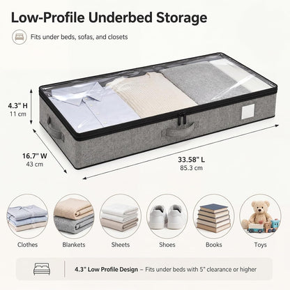 Fixwal Under Bed Storage Containers 4 Pack, Reinforced Underbed Organizer Below 4.5 Inches Low Profile Clothes Storage Bins with Sturdy Sidewalls and Bottom