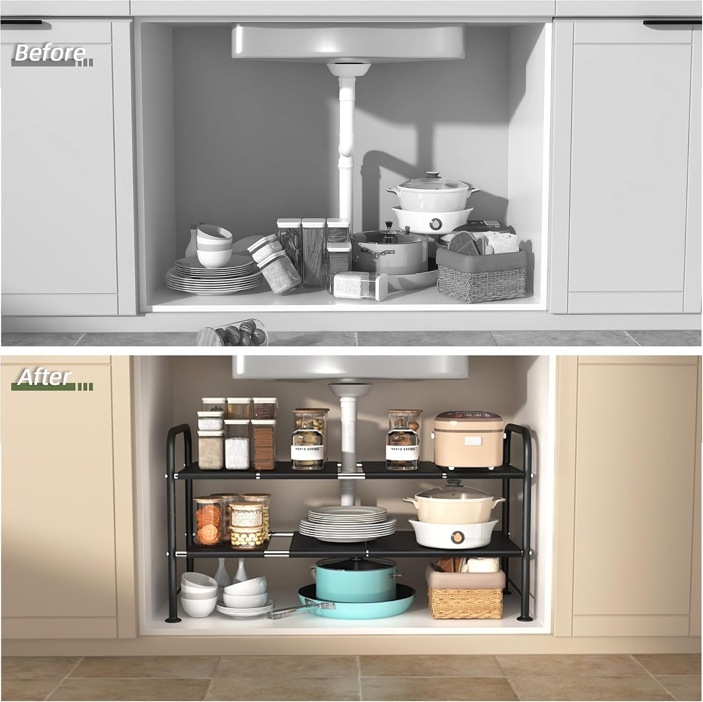 NETEL Under Sink Organizers and Storage, 2 Tier Expandable Under Cabinet Organizer Shelf with 4 Baskets and 4 Panels, Expandable Shelf for Cupboard, Kitchen, Bathroom, Shoe Storage Rack