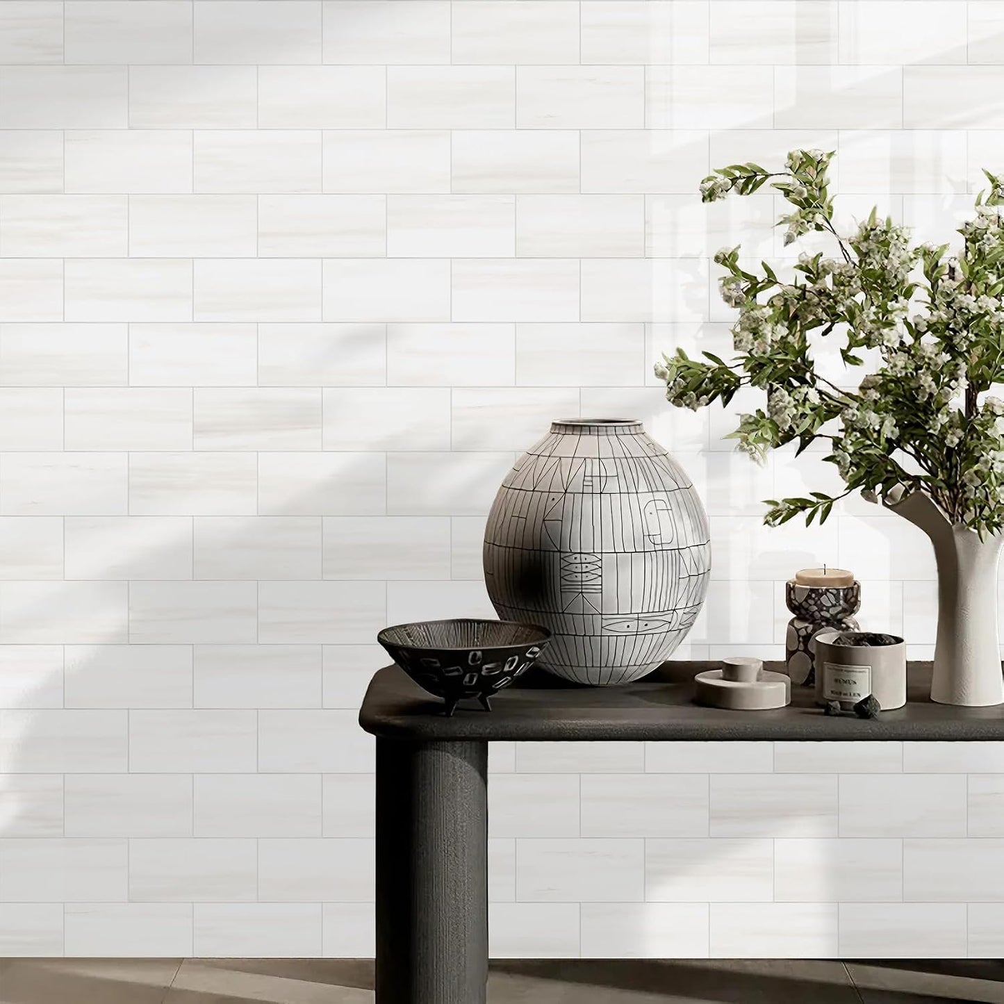 Vamos Tile 100-Piece Glossy Dolomite White Peel and Stick Backsplash Tile,3''x6'' PVC Subway Tile with White Grout, Stick on Backsplash for Kitchen/Bathroom/Fireplace