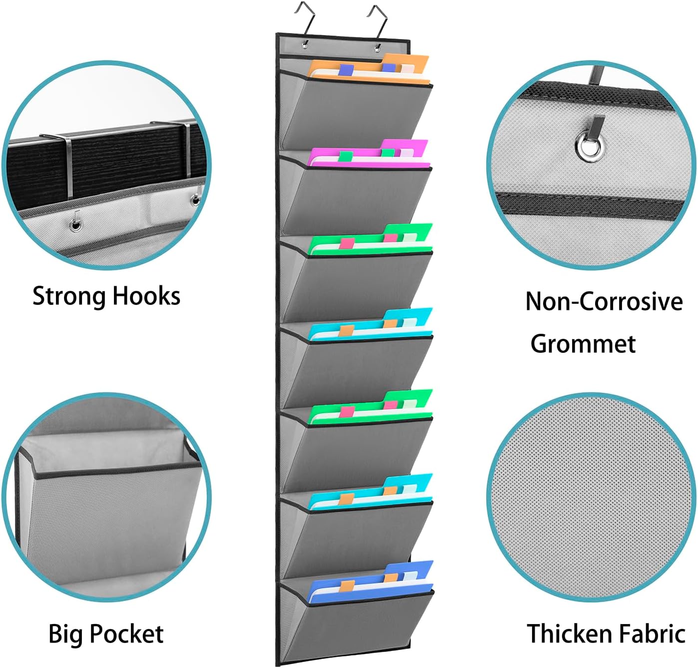 Wall Mounted File Holder Over Door Hanging Mail Organizer Document Storage Bag for Papers Magazines and Books (7 POCKETS-GREY)