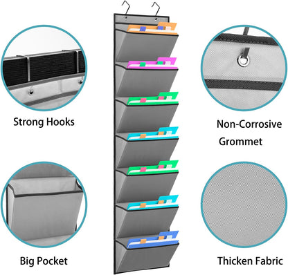 Wall Mounted File Holder Over Door Hanging Mail Organizer Document Storage Bag for Papers Magazines and Books (7 POCKETS-GREY)