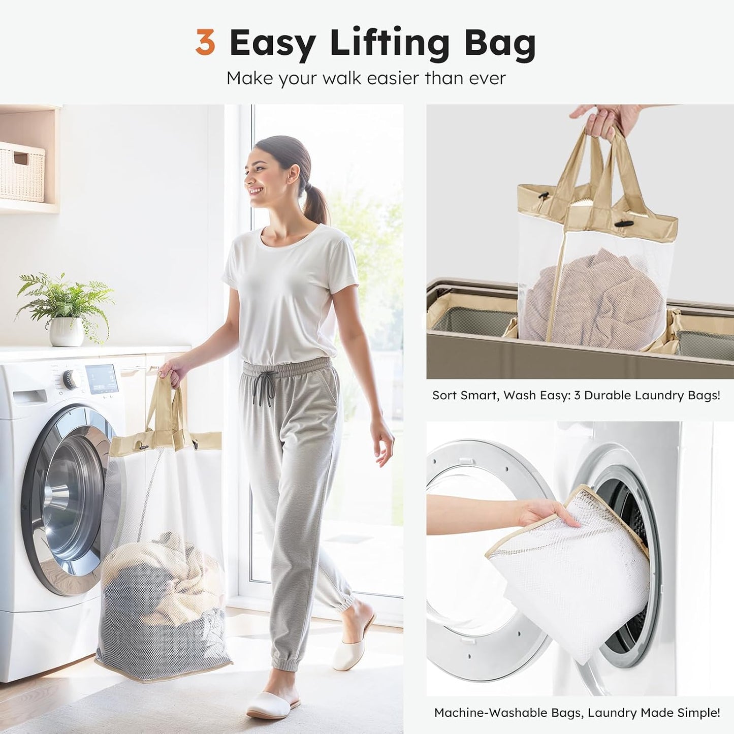 SOLEDI 180L Laundry Hamper 3 Section, Extra Large Laundry Hamper with Lid, Dirty Clothes Hamper with Sturdy Handle, Large Laundry Basket Organizer for Laundry Room, Bedroom, Hampers for Laundry