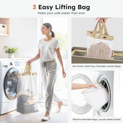 SOLEDI 180L Laundry Hamper 3 Section, Extra Large Laundry Hamper with Lid, Dirty Clothes Hamper with Sturdy Handle, Large Laundry Basket Organizer for Laundry Room, Bedroom, Hampers for Laundry