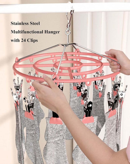 Stainless Steel Clothes Sock Drying Rack with 24 Clips, Swivel Hook Windproof Clothes Hanger Rack for Sock, Bras, Towel, Underwear, Laundry Clothes, Hat, Scarf, Pants, Gloves (Pink Clips)
