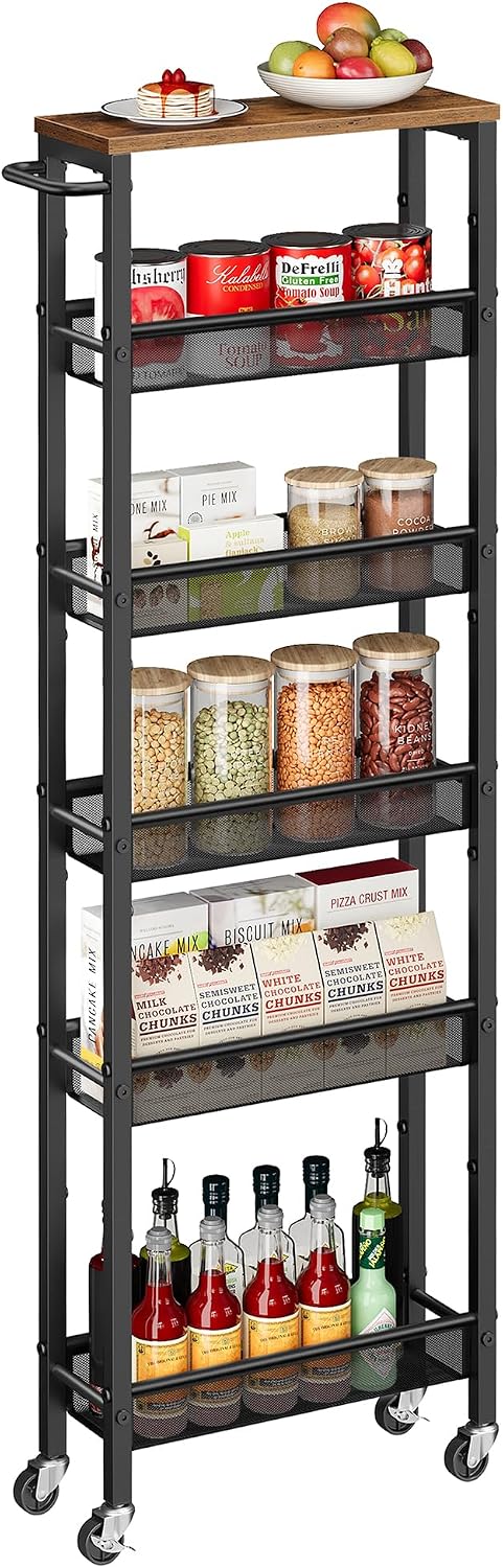 VASAGLE Slim Rolling Cart, 4-Tier Narrow Storage Cart with Handle, 5.1 Inches Deep, Metal Frame, for Kitchen, Dining Room, Living Room, Home Office, Rustic Brown and Classic Black ULRC032B01V1
