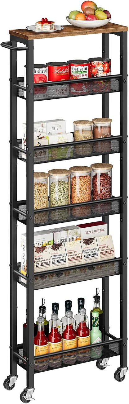 VASAGLE Slim Rolling Cart, 4-Tier Narrow Storage Cart with Handle, 5.1 Inches Deep, Metal Frame, for Kitchen, Dining Room, Living Room, Home Office, Rustic Brown and Classic Black ULRC032B01V1