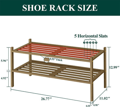 Smiry Bamboo Shoe Rack, 3 Tier Free Standing Wooden Shoe Organizer, Stackable Wood Shoe Storage Shelf for Closet, Entryway, 5 Horizontal Slats, 26.8"x11"x18.3", Natural