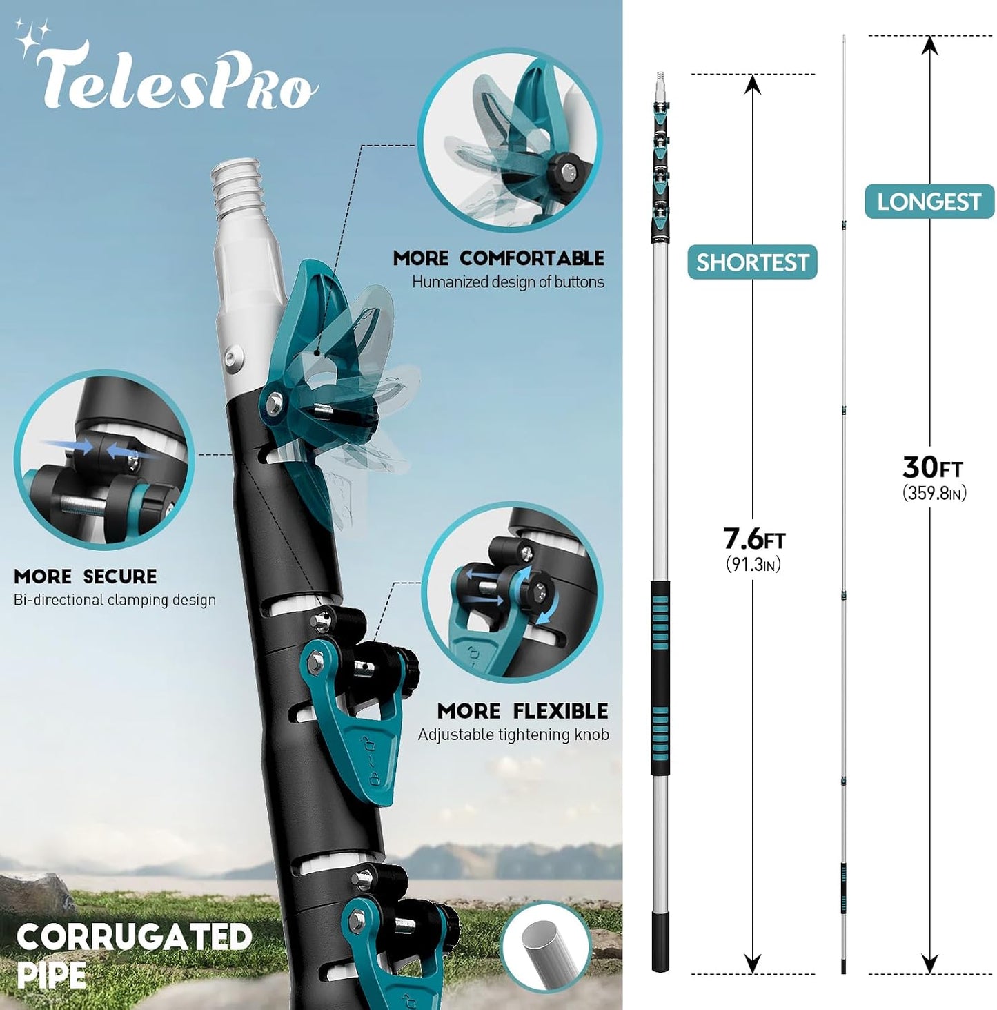 TelesPro 20 Foot High Reach Duster Kit with 5-12FT Extension Pole High Ceiling Dusting and Window Cleaning Kit with Telescopic Pole Window Washer&Squeegee,Cobweb Duster,Fan Duster and Feather Duster