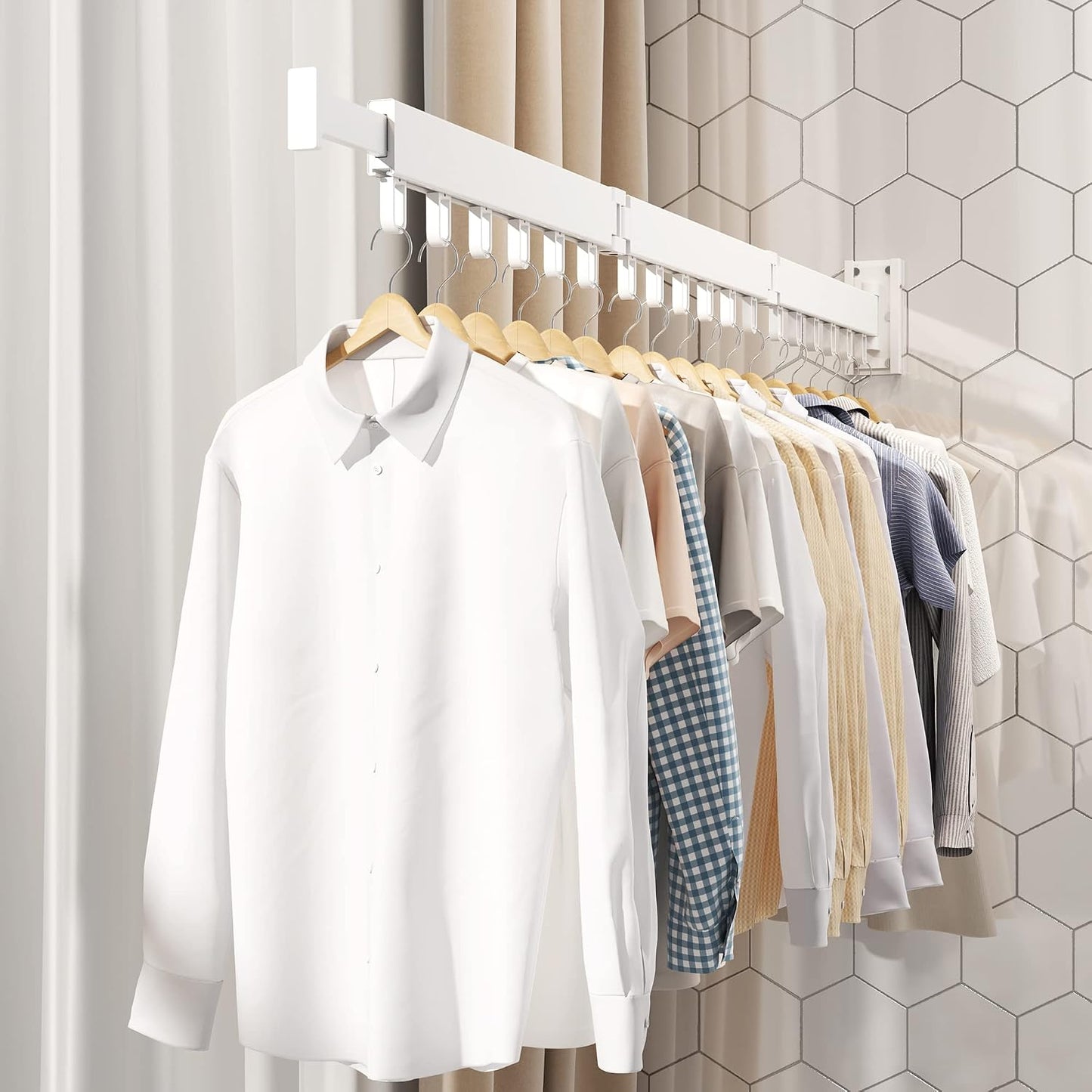 HEILAIYI Clothes Drying Rack for Laundry,Wall Mounted Clothes Hanger Rack,Folding,Retractable,Collapsible(J Shape Hooks)