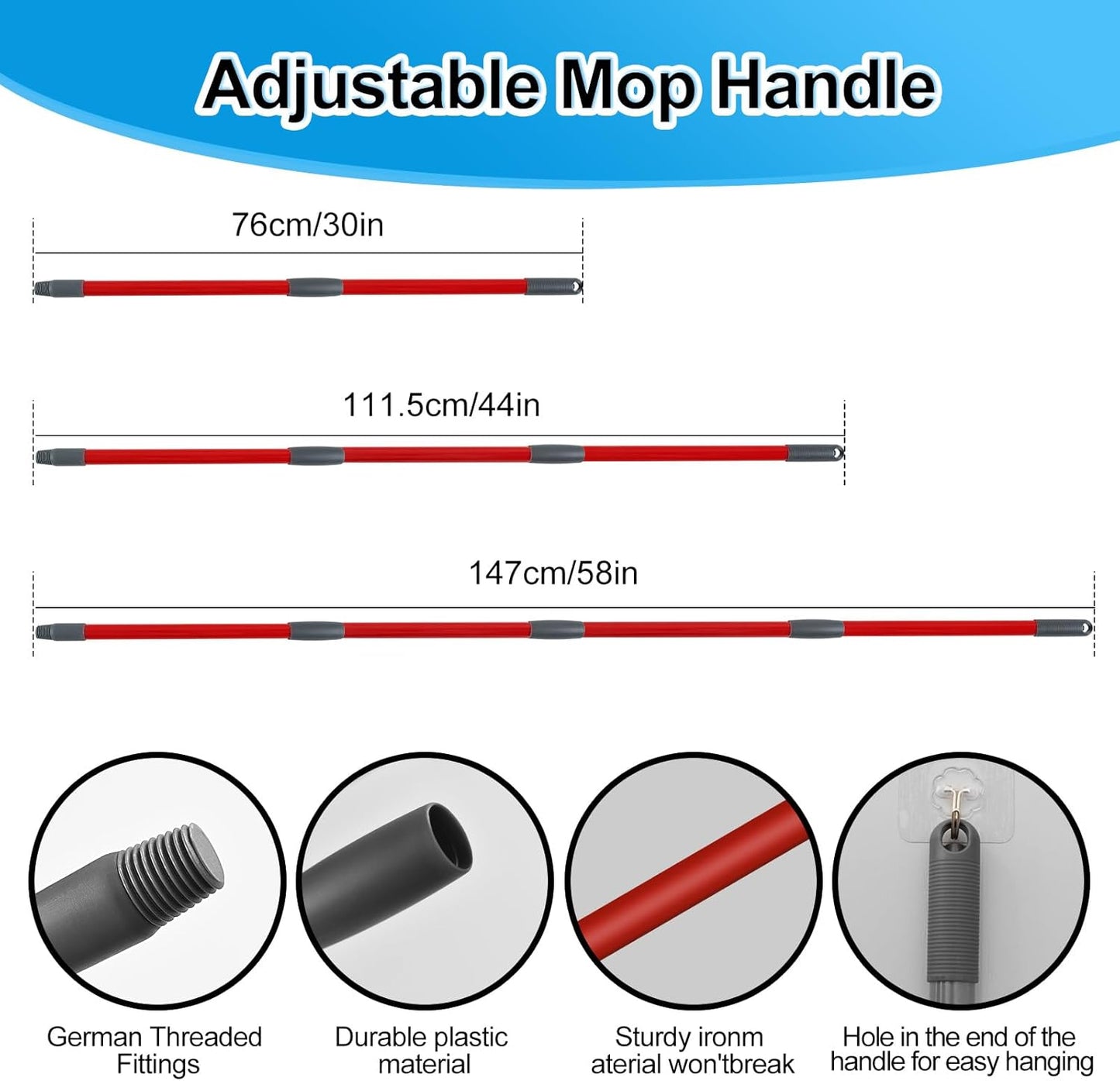 Spin Mop Handle,Mop Replace Heads,Brush and Base Compatible with O Cedar EasyWring 1 Tank,2 Microfiber Mop Refills and Brush,4-Section 30-58" Mop Handle,Mop Base Combo Set for Wet/Dry Floor Cleaning