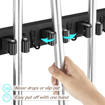 OUTNILI Mop and Broom Holder Wall Mount - Wood Broom Mop Hanger - Wall Mounted Garden Tool Rack Organizer for Closet Garage Laundry Room for Rustic Kitchen Decor With 5 Slots & 4 Hooks
