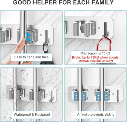 homeasy Wall Mount Mop and Broom Holder, Heavy Duty Stainless Steel Organizer Rack with Hooks | 2-Pack, 2-in-1 No Drill & Screw Installation, Black