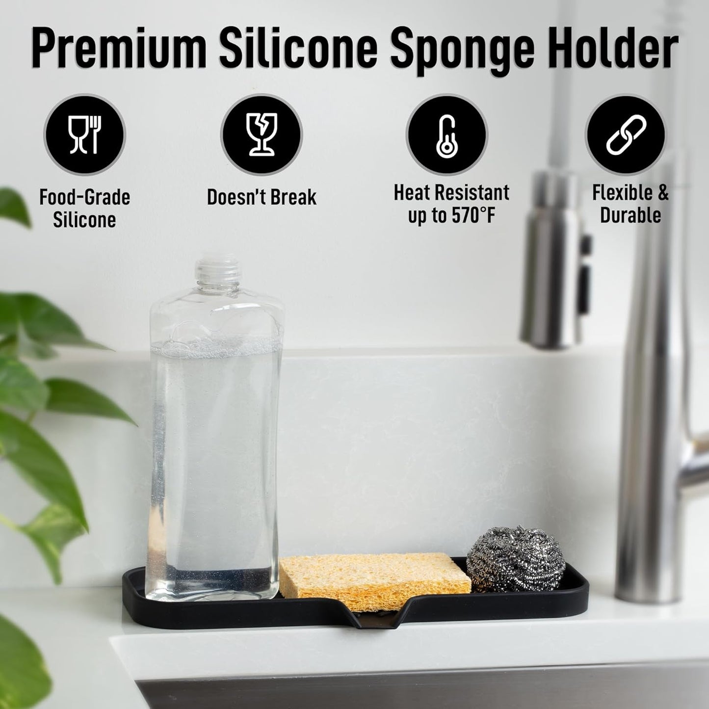 Zulay Kitchen (9x3.5in) Sponge Holder for Kitchen Sink - Flexible Heavy-Duty Multipurpose Sink Caddy - Counter Organizer for Kitchen, Bathroom, Makeup, Trinkets & More! (Grey)