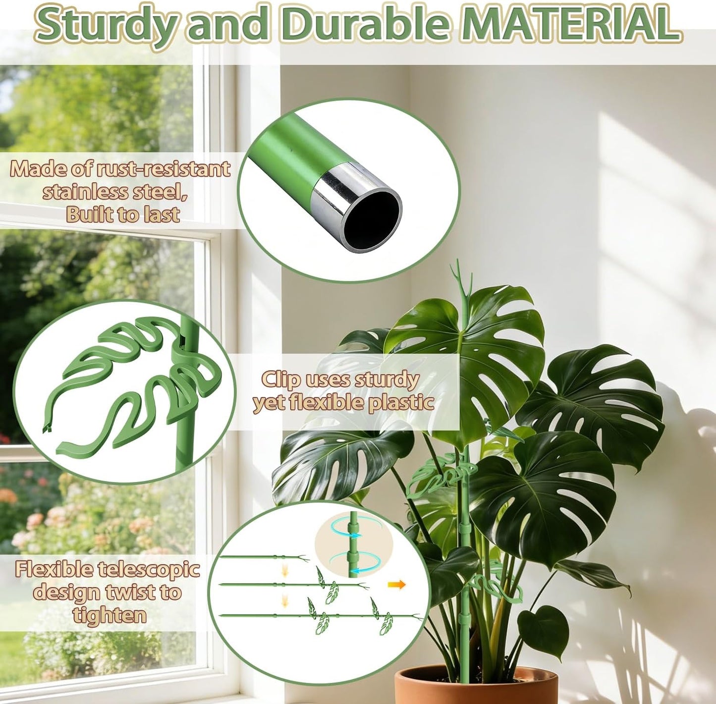Telescoping Monstera Plant Support Stakes, Adjustable Climbing Plant Stakes | 21 - 43.3in Stakes with Detachable Monstera Leaf Clips; Supports Pothos, Tomatoes, Indoor & Garden Plants