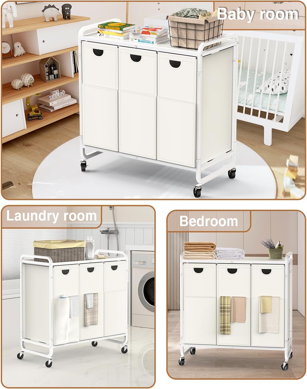 Laundry Sorter 3 Section,Laundry Basket with Wheels,3×15.8 Gal (60L) Laundry Hamper Organizer with Large Wooden Desktop Sorter,Pull-Out and Removable 900D Oxford Fabric Laundry Bags for Laundry Room