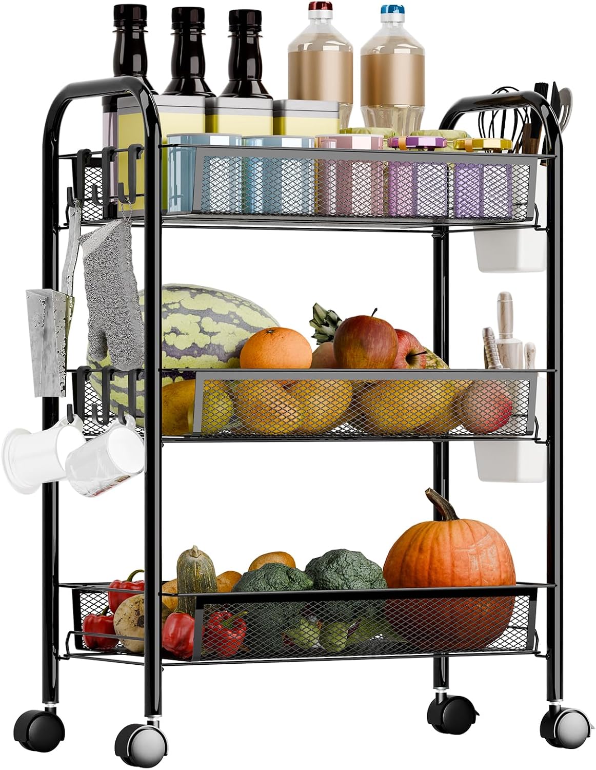 5-Tier Rolling Cart, Stackable Fruit Vegetable Rack, Kitchen Mesh Storage Basket with 360 Degree Wheels, Snack Cart for Kitchen Pantry Bathroom Organizer Heighten Guardrail Detachable (5-Tier Black)