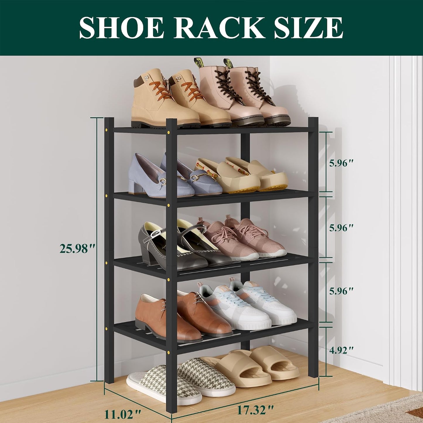 Smiry Bamboo Shoe Rack, 3 Tier Free Standing Wooden Shoe Organizer, Stackable Wood Shoe Storage Shelf for Closet, Entryway, 5 Horizontal Slats, 26.8"x11"x18.3", Natural
