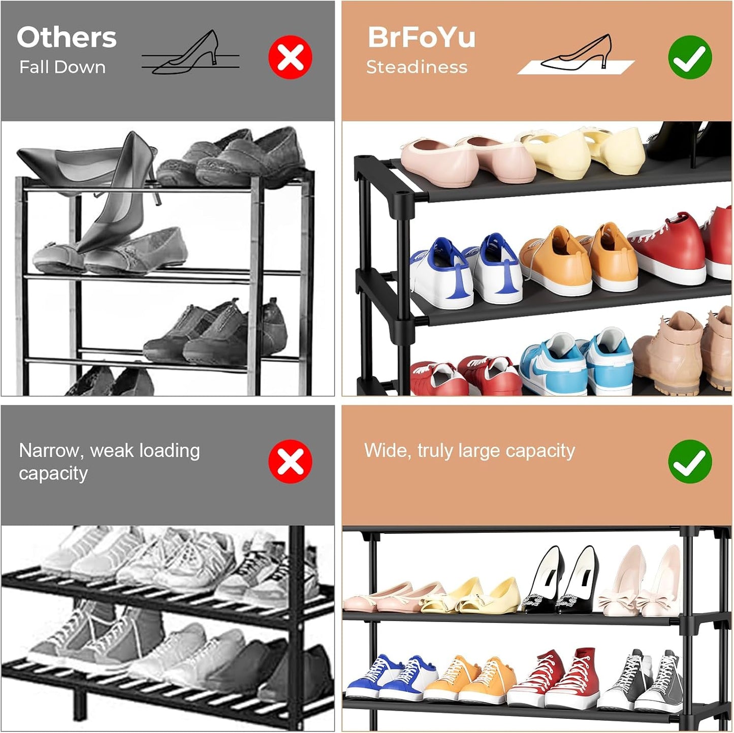 32.3" Widening Design Shoe Rack for Closet 16 Pairs Small Spaces Non-Woven 3 Tier Shoe Organizer Stackable Metal Shoe Shelf for Entryway, Bedroom