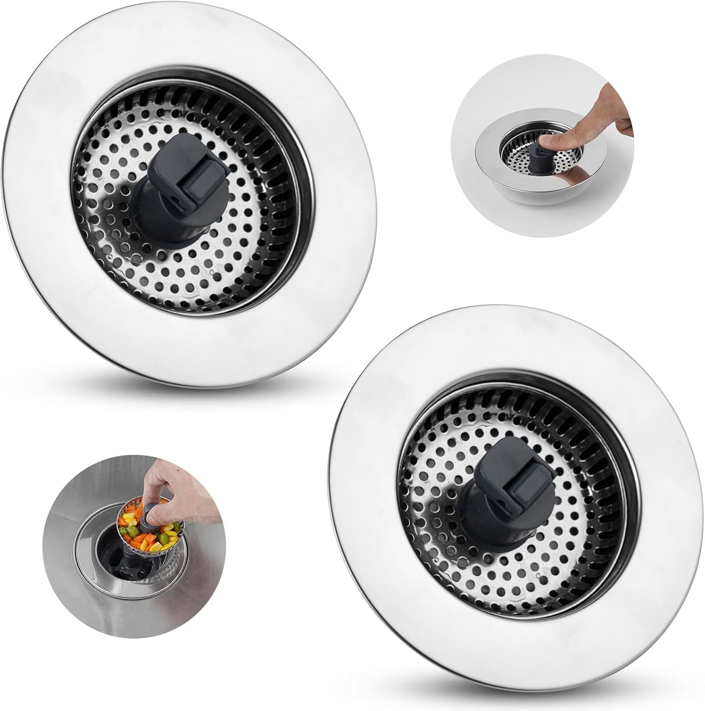 Hibbent 3 in 1 Kitchen Sink Drain Strainer, Stainless Steel Wrapped Shell Drain Stopper Combo, Pop Up Sink Stopper, 3 Anti-Clogging Basket Strainer with Foldable Handle for US Standard 3-1/2" Drain