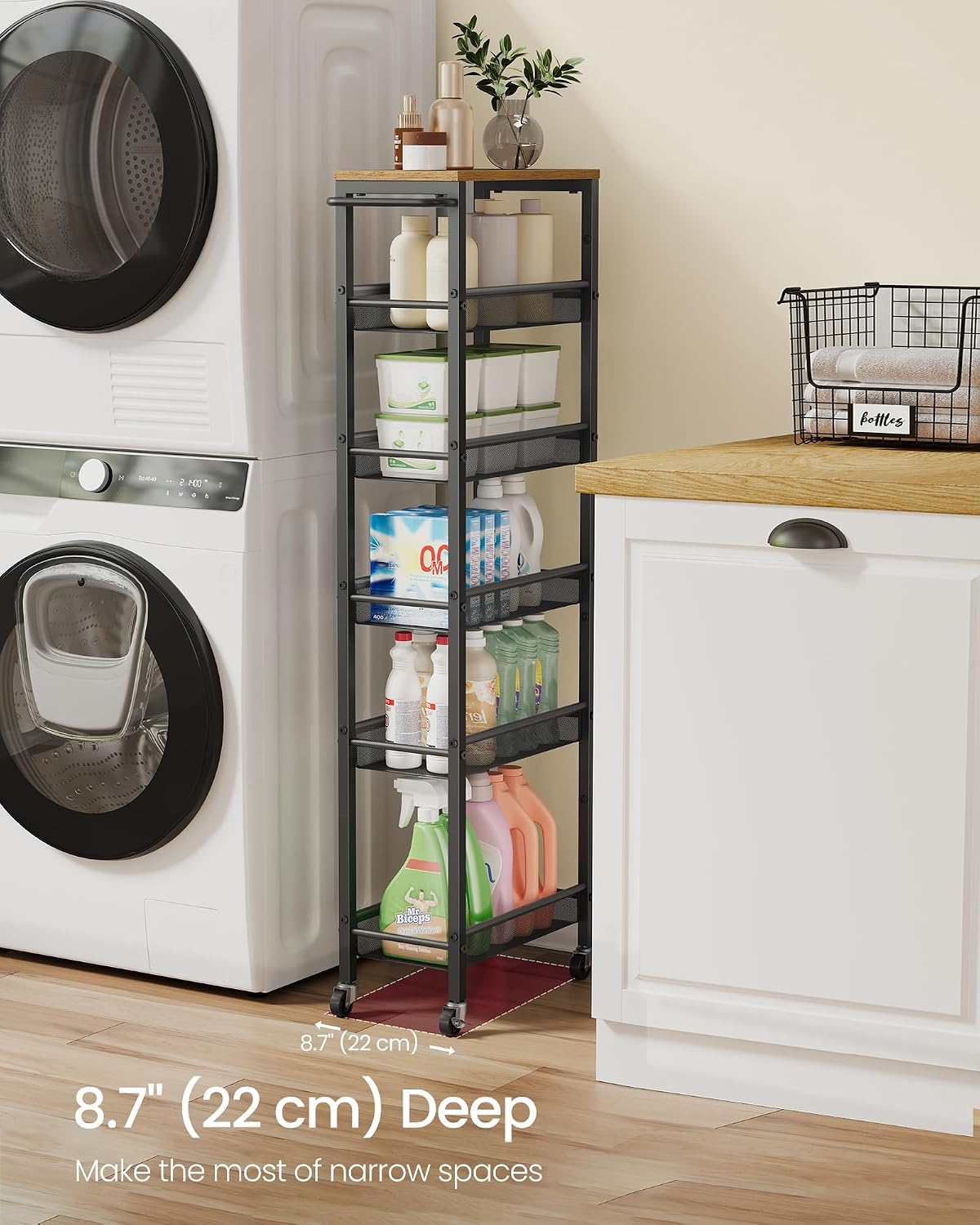 VASAGLE Slim Rolling Cart, 4-Tier Narrow Storage Cart with Handle, 5.1 Inches Deep, Metal Frame, for Kitchen, Dining Room, Living Room, Home Office, Rustic Brown and Classic Black ULRC032B01V1