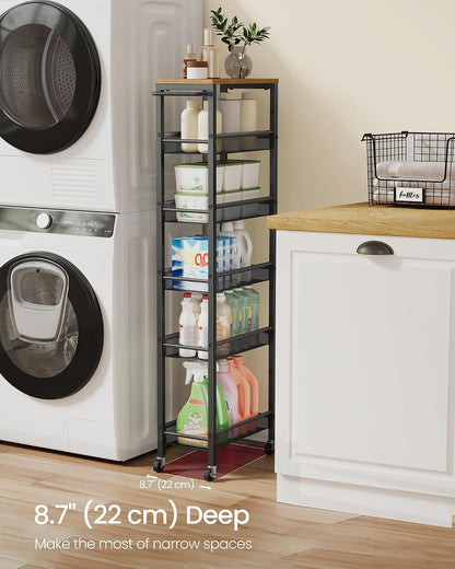 VASAGLE Slim Rolling Cart, 4-Tier Narrow Storage Cart with Handle, 5.1 Inches Deep, Metal Frame, for Kitchen, Dining Room, Living Room, Home Office, Rustic Brown and Classic Black ULRC032B01V1