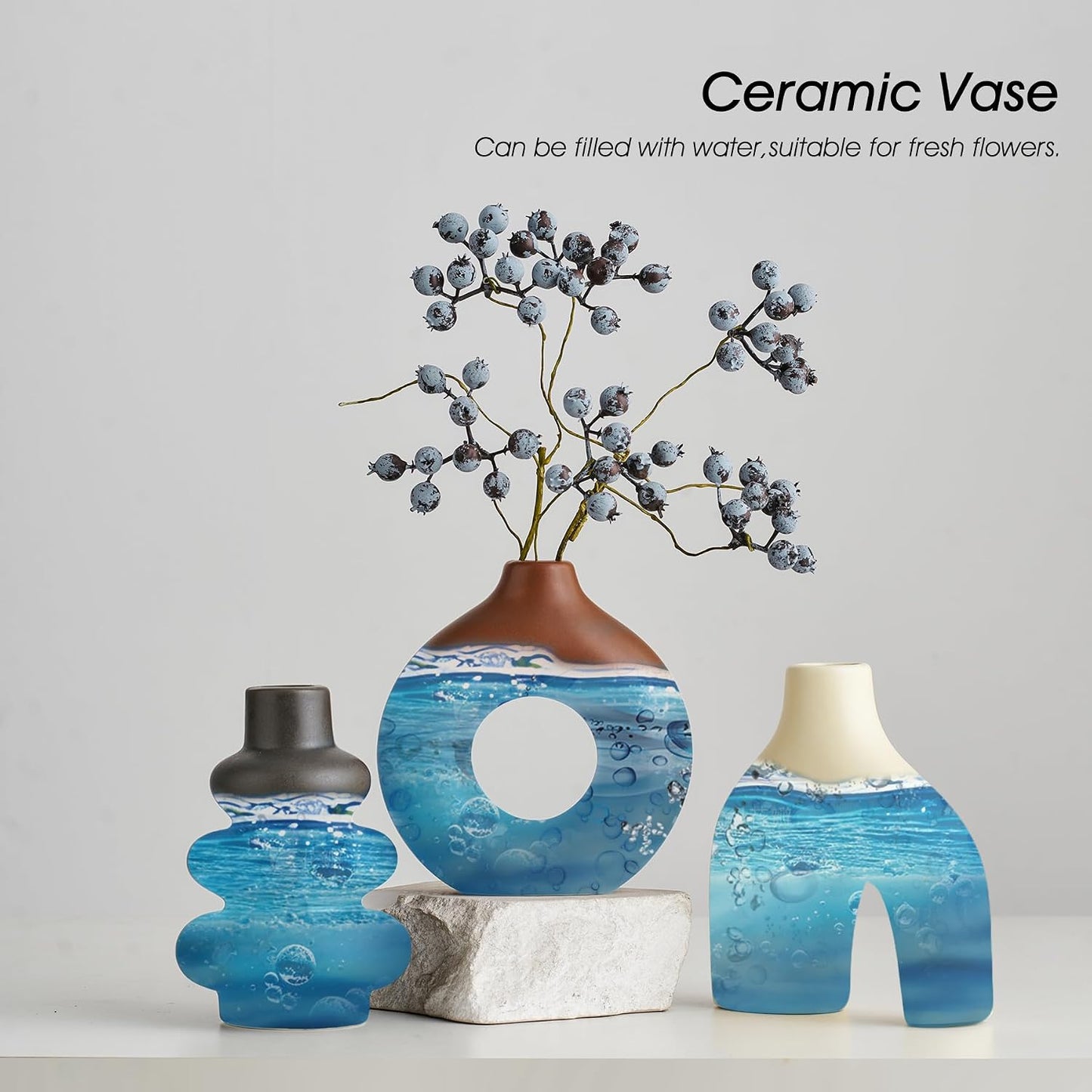 White Ceramic Vase Set of 3, Small Flower Vases for Pampas Grass, Modern Boho Vase for Decor, Round White Vases Centerpieces for Wedding Living Room Bedroom Coffee Table Dinner Table