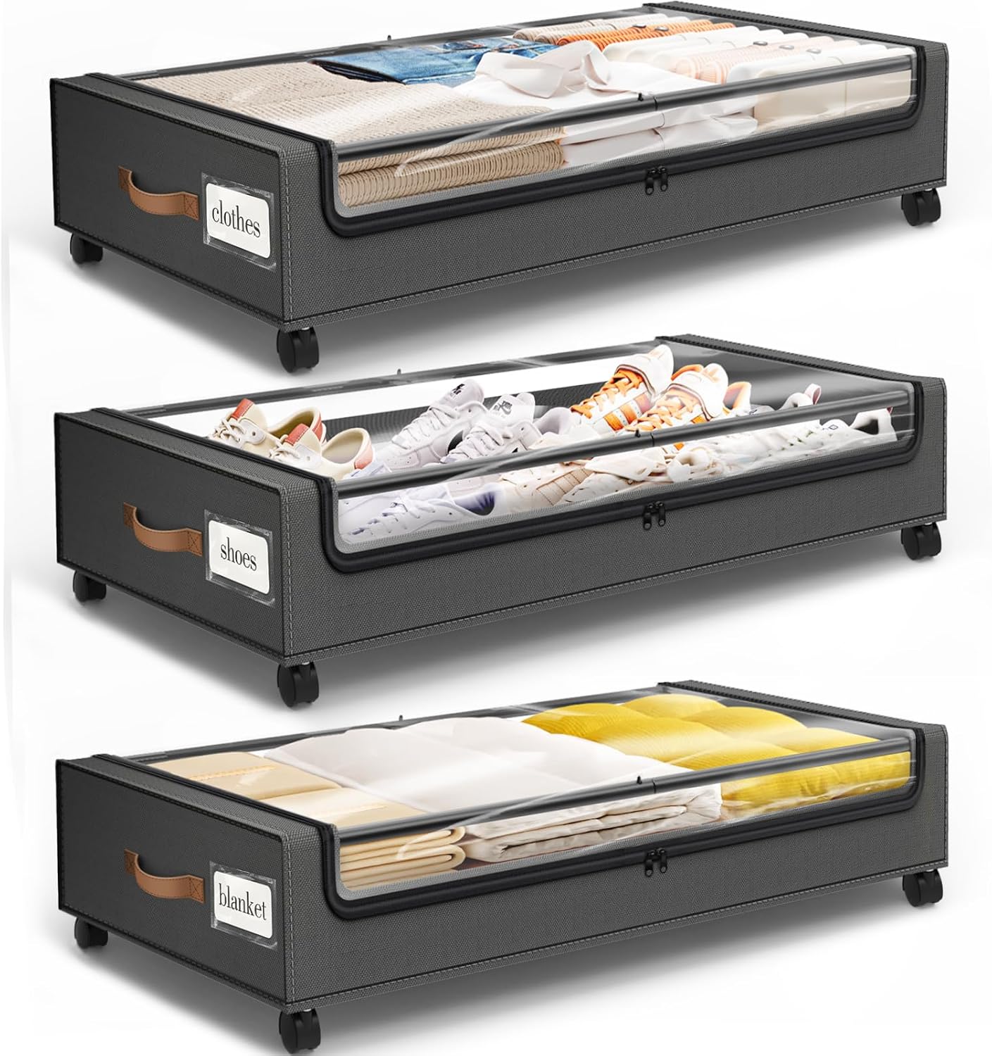 SpaceHacks Under Bed Storage with Wheels 2Pack Storage Containers with Clear Window&Label Under Bed Drawers Rolling Under Bed Storage for Clothes,Shoes, Blankets (30.71 x 16.93 x 6.69 in, Dark Grey)