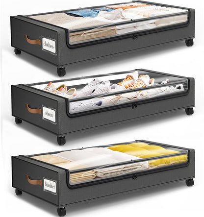 SpaceHacks Under Bed Storage with Wheels 2Pack Storage Containers with Clear Window&Label Under Bed Drawers Rolling Under Bed Storage for Clothes,Shoes, Blankets (30.71 x 16.93 x 6.69 in, Dark Grey)