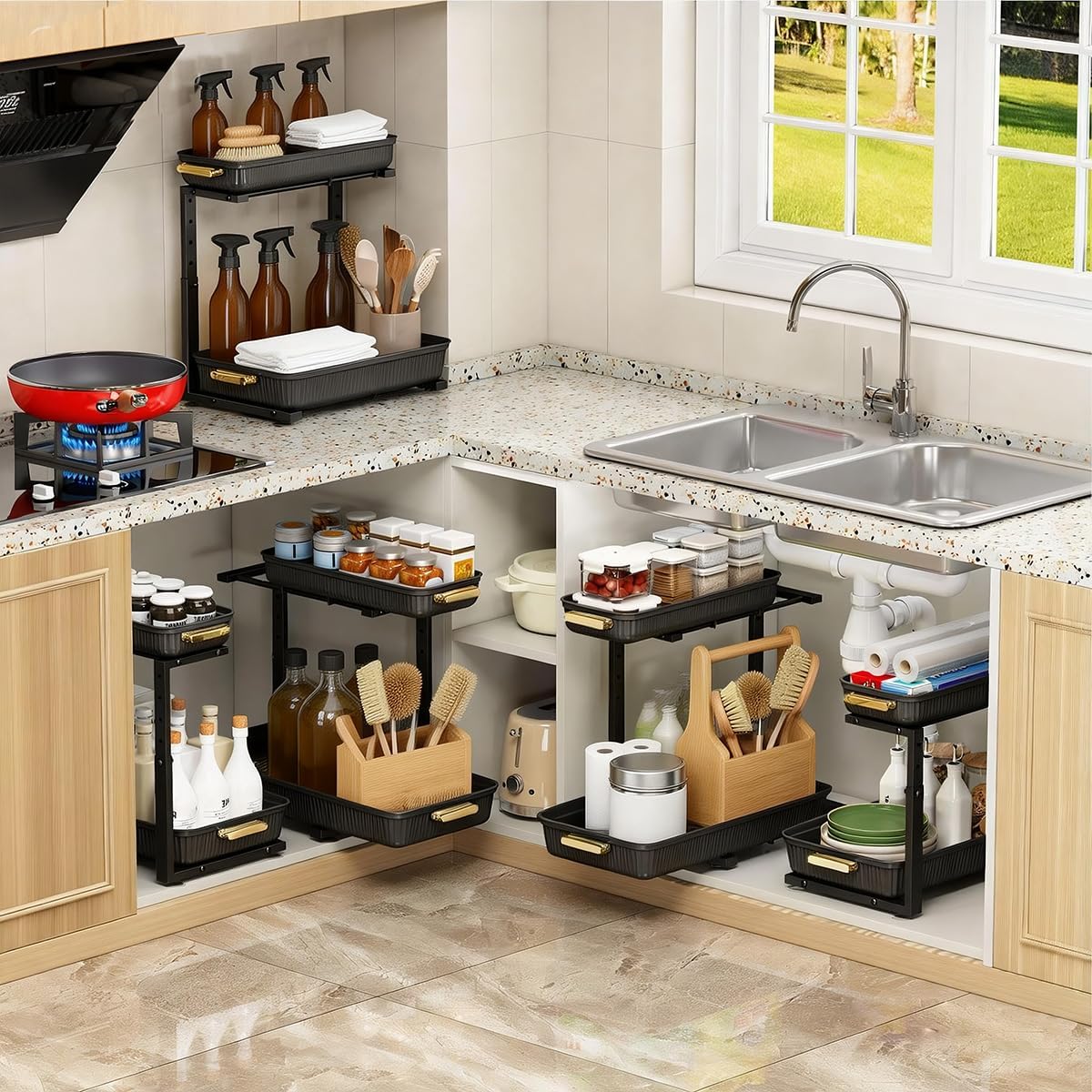 ARSTPEOE 2 Pack Double Sliding Under Sink Organizers and Storage,Two Tier Bathroom Storage and organization,Under Cabinet Organizer, Clear