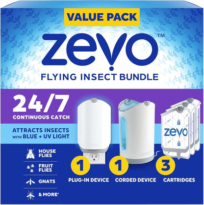 Zevo MAX Bug Catcher & Fly Trap for Indoors - Flying Insect Trap for Gnats, House & Fruit Flies - Use in Any Room - No-Mess Disposal (1 Plug in Base & 2 Cartridges)