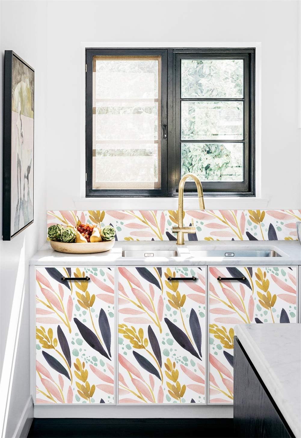 HAOKHOME Watercolor Forest Peel and Stick Wallpaper Removable White/Pink/Navy/Yellow Floral Vinyl Self Adhesive Shelf Liner 17.7in x 9.8ft