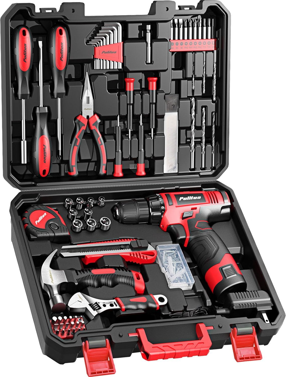 PULITUO Drill Set, 149-Piece Home Tool Set with 12V Pink Cordless Drill, Tool Box, Hand Tool Kits for Women & Men and DIY Enthusiasts, for Home Improvement