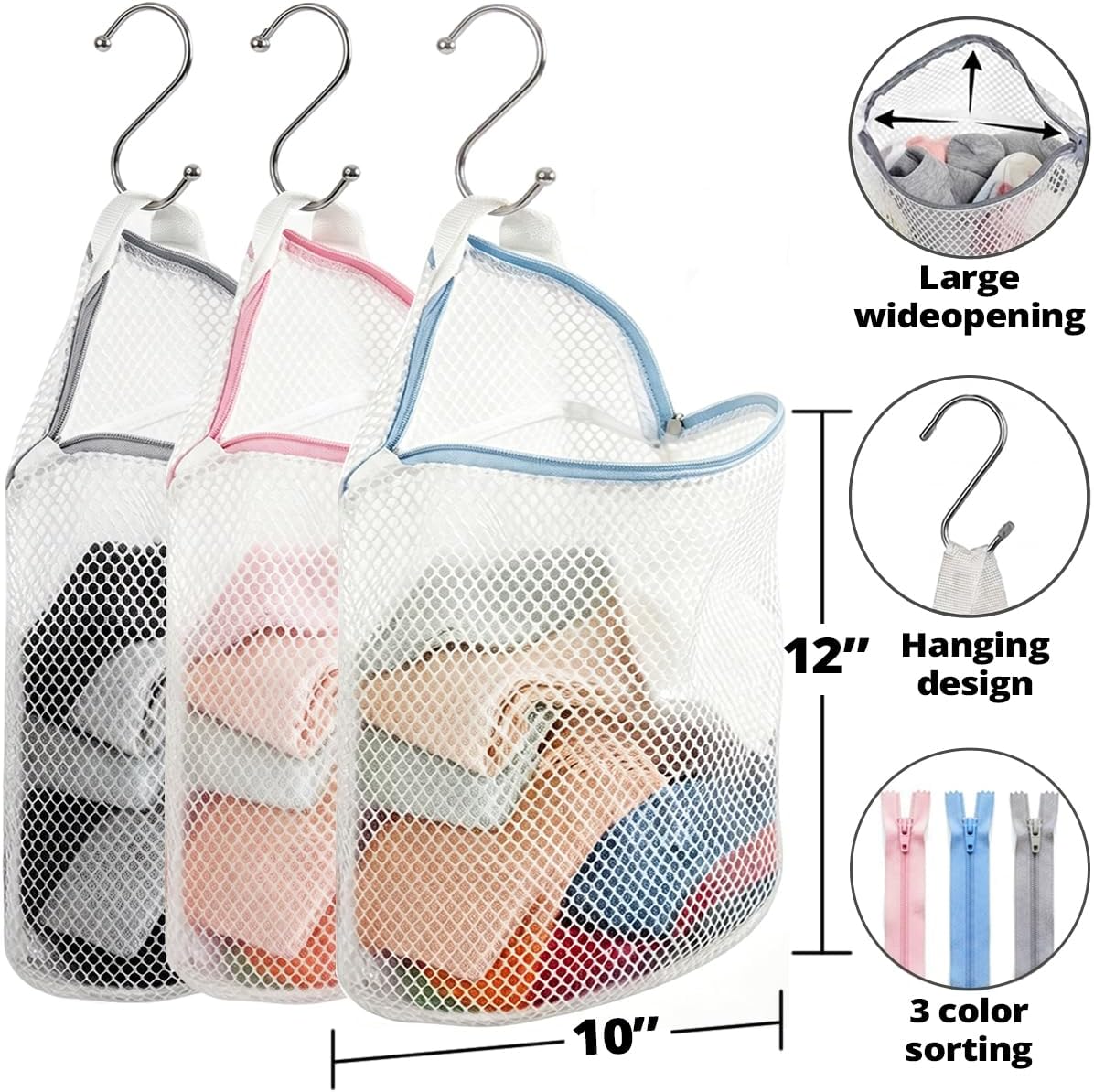 3Pcs Hanging Laundry Bags for Socks with S Hooks, 12 X 10 inch 3 Color Mesh Laundry Bags for Washing Machine