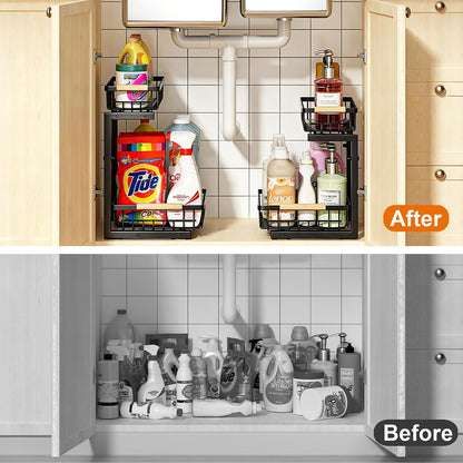 REALINN Under Sink Organizer, 2 Pack Height Adjustable Under Sink Organizers and Storage, 2 Tier Pull Out Drawer Cabinet Storage for Kitchen Bathroom, White