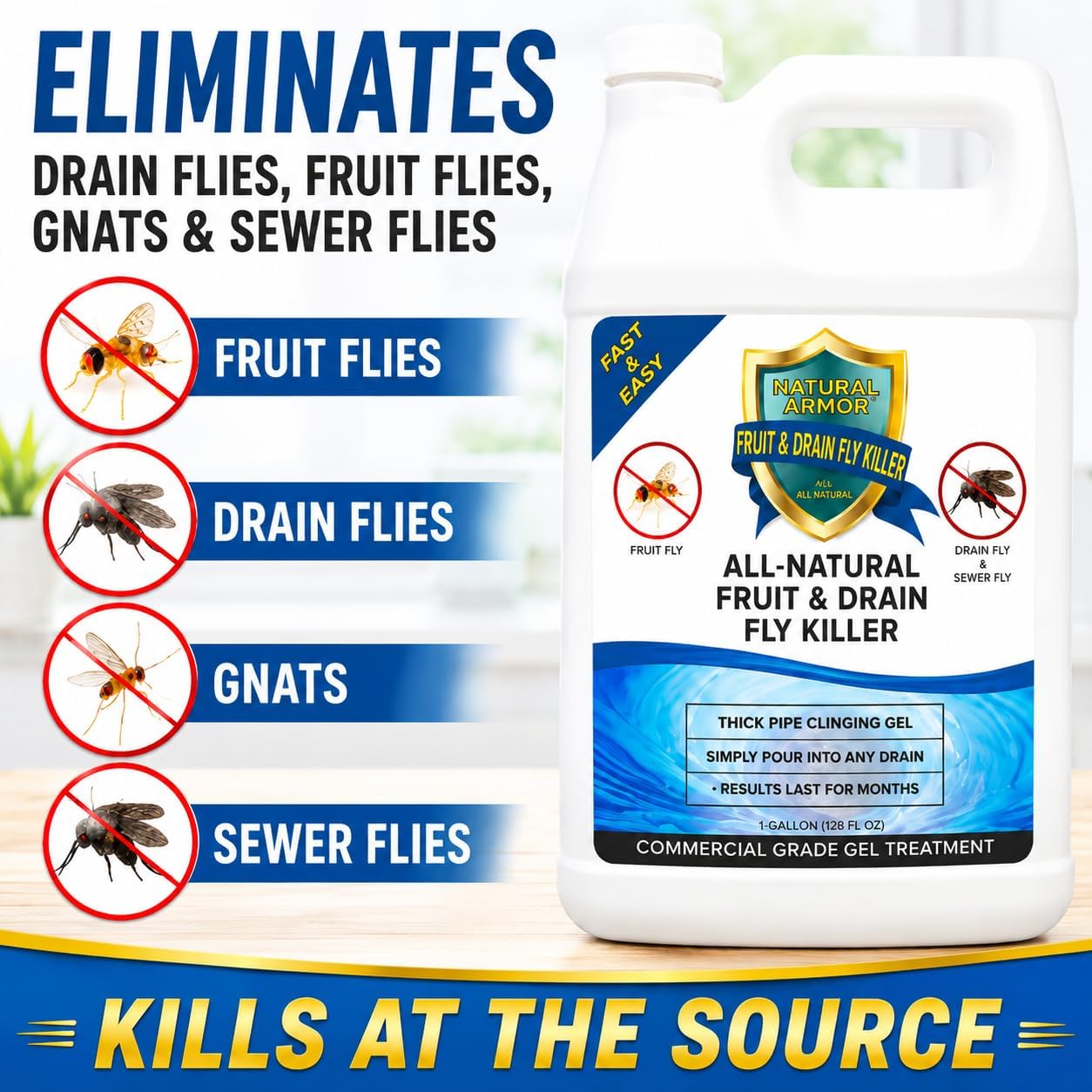Natural Armor Drain Fly & Fruit Fly Killer (128oz Gallon) | Eliminates Gross Fruit, Drain, Sewer & Gnat Infestations from Any Drain - Simple, Easy to Use - Sewer & Septic Safe