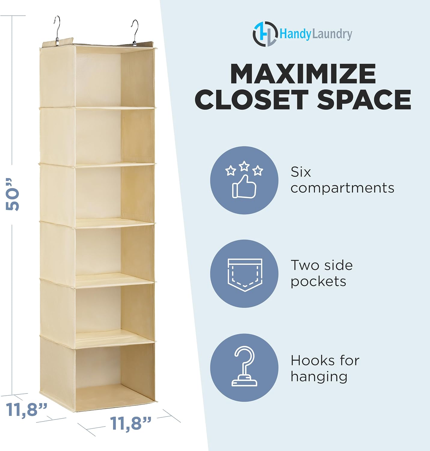 Handy Laundry Hanging Closet Organizer - 6 Shelf Storage for Clothes, Sweaters, Shoes & Accessories - Space-Saving Wardrobe Shelves with Hooks for Dorm, RV & Small Closet Organization (Beige)