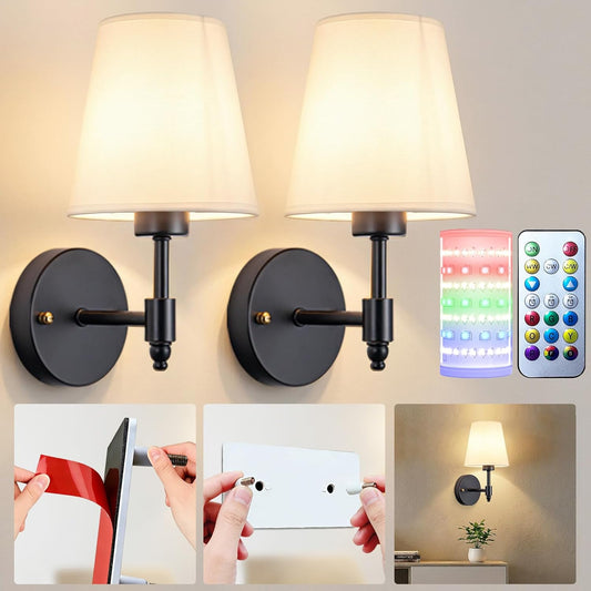 Nekhung Battery Operated Wall Sconces Set of Two, Wireless Battery Wall Light with 10000mAh RGB Dimmable Magnetic Bulb and Remote, Rechargeable Sconce Wall Decor for Bedroom Living Room Hallway