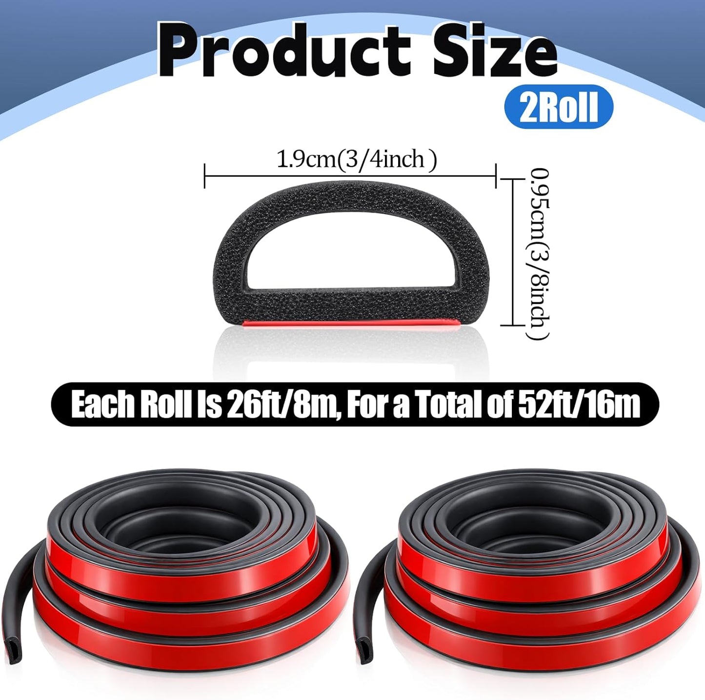 2 Rolls Weather Stripping Door Seal, Total 52FT Self-Adhesive EPDM D Shape Foam Rubber Seal Strip for Boat, Auto, Marine, RV, Garage Doors/Window and More, W:0.75"; H:0.375"