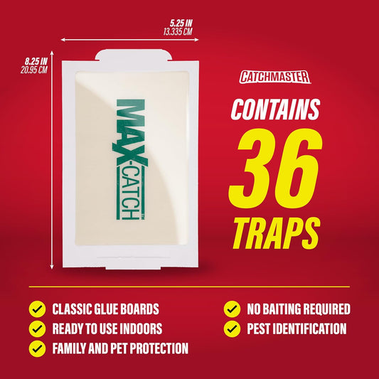 Catchmaster Max-Catch Mouse & Insect Glue Trap 36PK, Mouse Traps Indoor for Home, Sticky Pest Control Adhesive Tray for Catching Bugs, Bulk Unscented Glue Boards