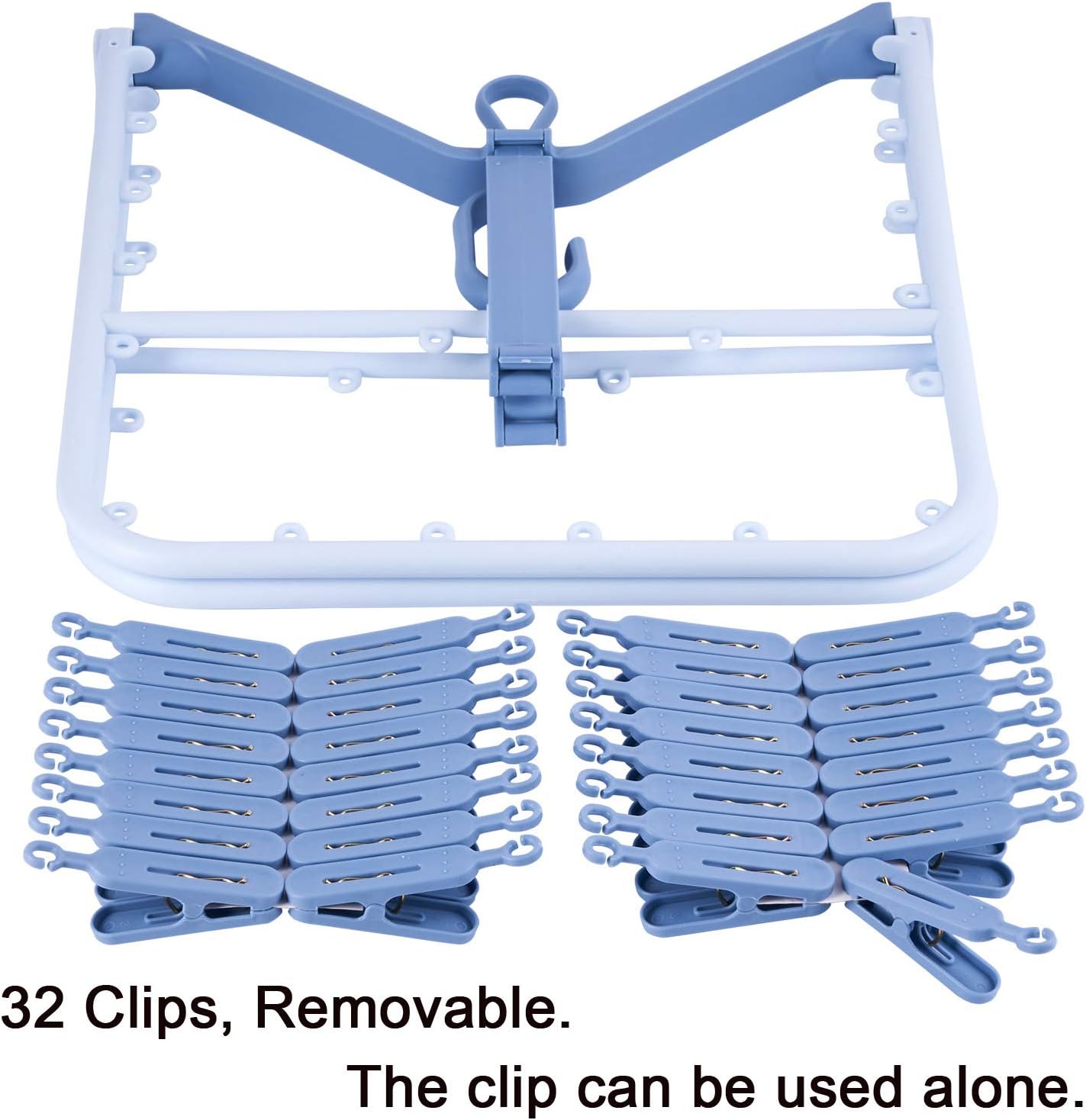 Foshine Foldable Clip Hangers Plastic Blue with 32Pcs Drying Clips | Drip Hanger Foldable Wind-Proof Hook For Underwear Socks Bras Lingerie Clothes