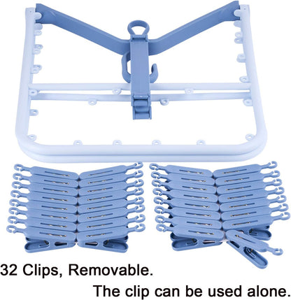 Foshine Foldable Clip Hangers Plastic Blue with 32Pcs Drying Clips | Drip Hanger Foldable Wind-Proof Hook For Underwear Socks Bras Lingerie Clothes