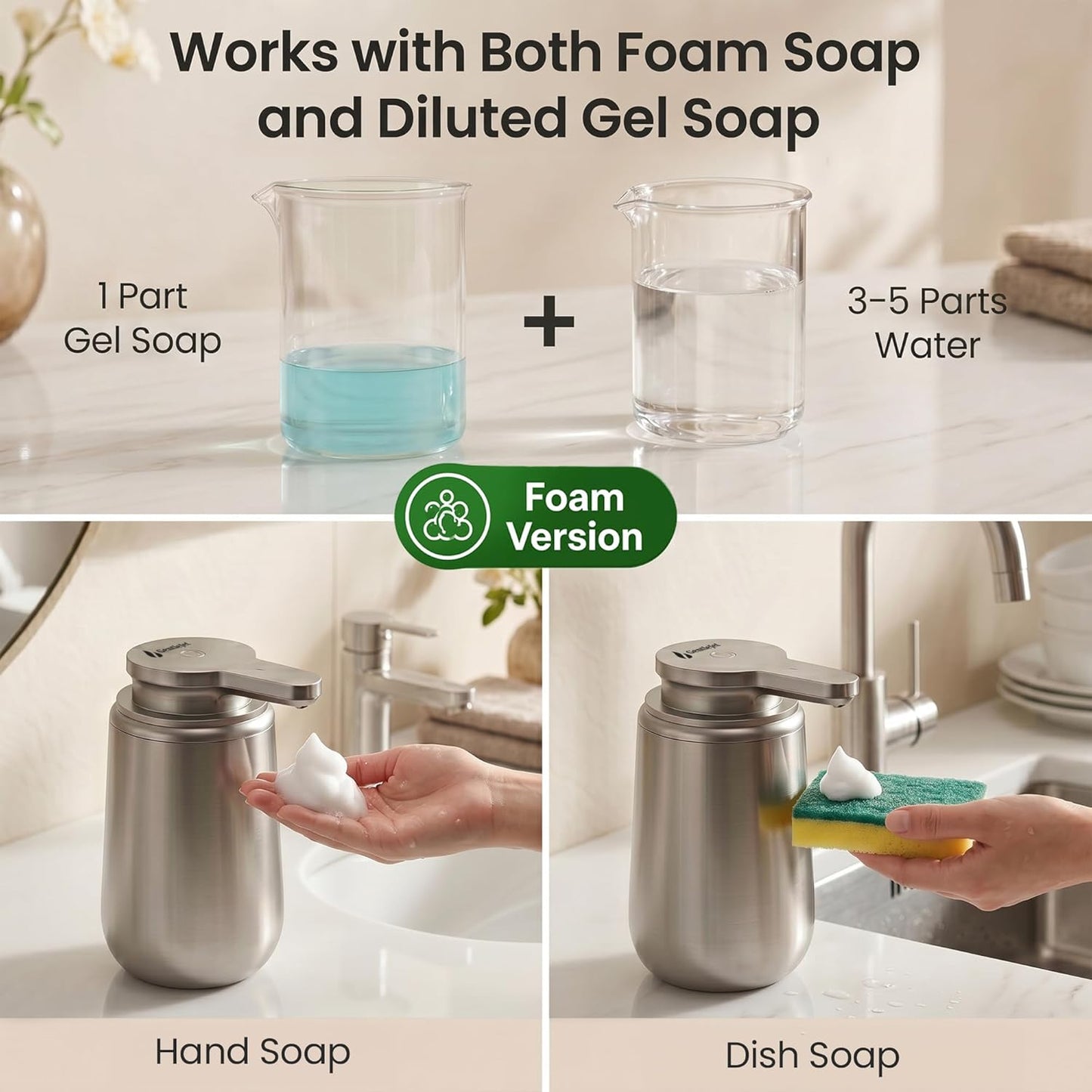 GentleJet NovaJet Automatic Foaming Soap Dispenser – Touchless Sensor, USB-C Rechargeable, 304 Stainless Steel, IPX5 Waterproof for Bathroom Kitchen Sink, 12 oz / 350 ml