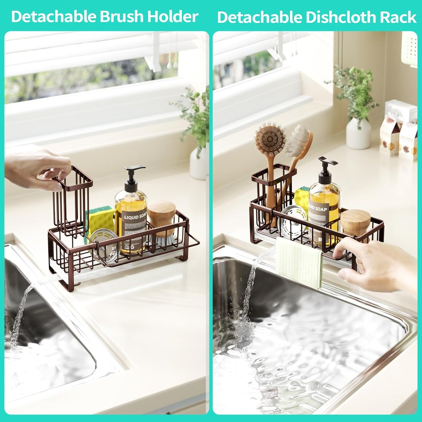 HapiRm Sponge Holder for Kitchen Sink - Self-draining Sink Caddy with Brush and Dishcloth Holders, Stainless Steel Kitchen Countertop Organizers and Storage Essentials - Black