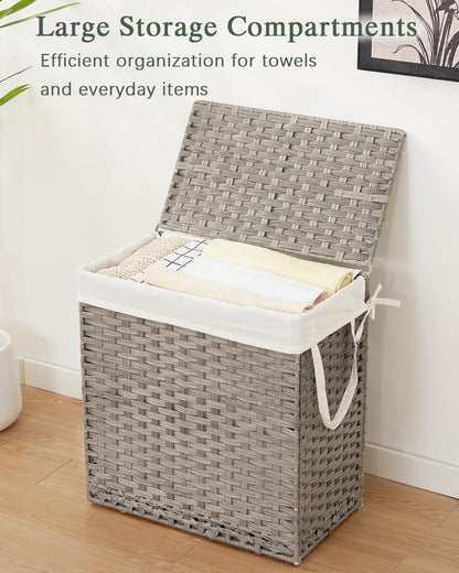 SETVSON Laundry Hamper with Lid Laundry Basket 132 L (35 Gal) Wicker Clothes Hamper, Handwoven Rattan Hamper with Handles and 4 Removable Liner Bags, 6 Mesh Bags for Laundry Bedroom Natural