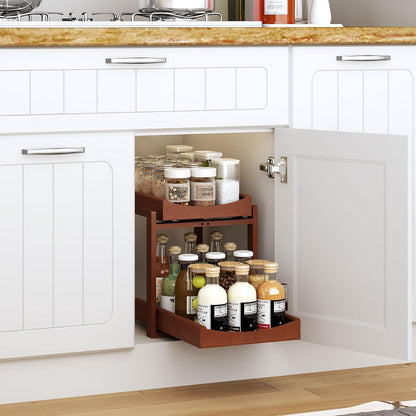 Bamboo Under Sink Organizer and Storage, 2 Pack Pull Out Cabinet Organization, 2 Tier Vertical Slide Out Undersink Storage Shelf, Multi-Purpose Organizer Shelves for Kitchen Bathroom Medicine
