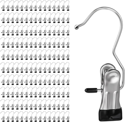 YUXIANLB 50 Pack Boot Hanger Clips Hooks, Heavy Duty Laundry Hooks with Clips, Portable Stainless Steel Clothes Pins Boot Clips for Hanging, Socks Towels Hats Pants Holder for Travel, Closet